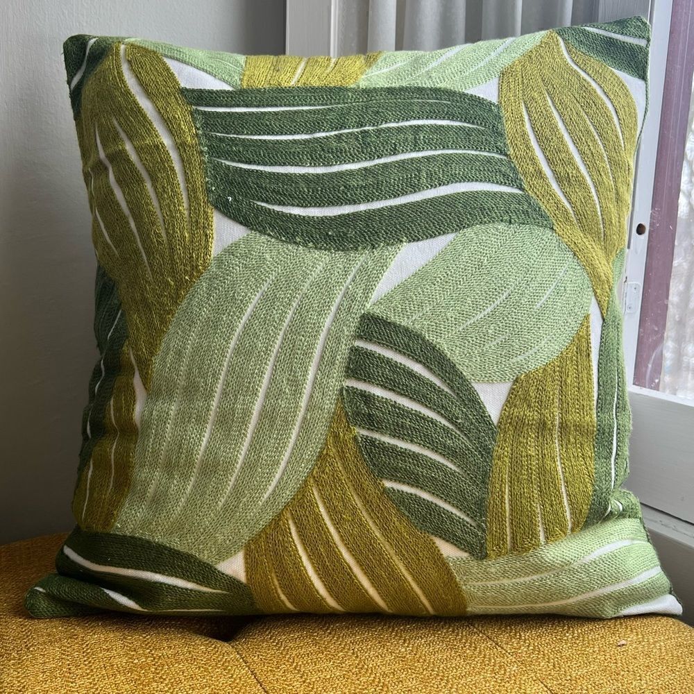 TWO Embroidered Tri Colored Green Botanical Throw Pillow Covers